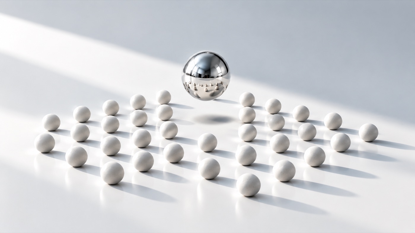 A polished chrome sphere floating above a field of matte white spheres