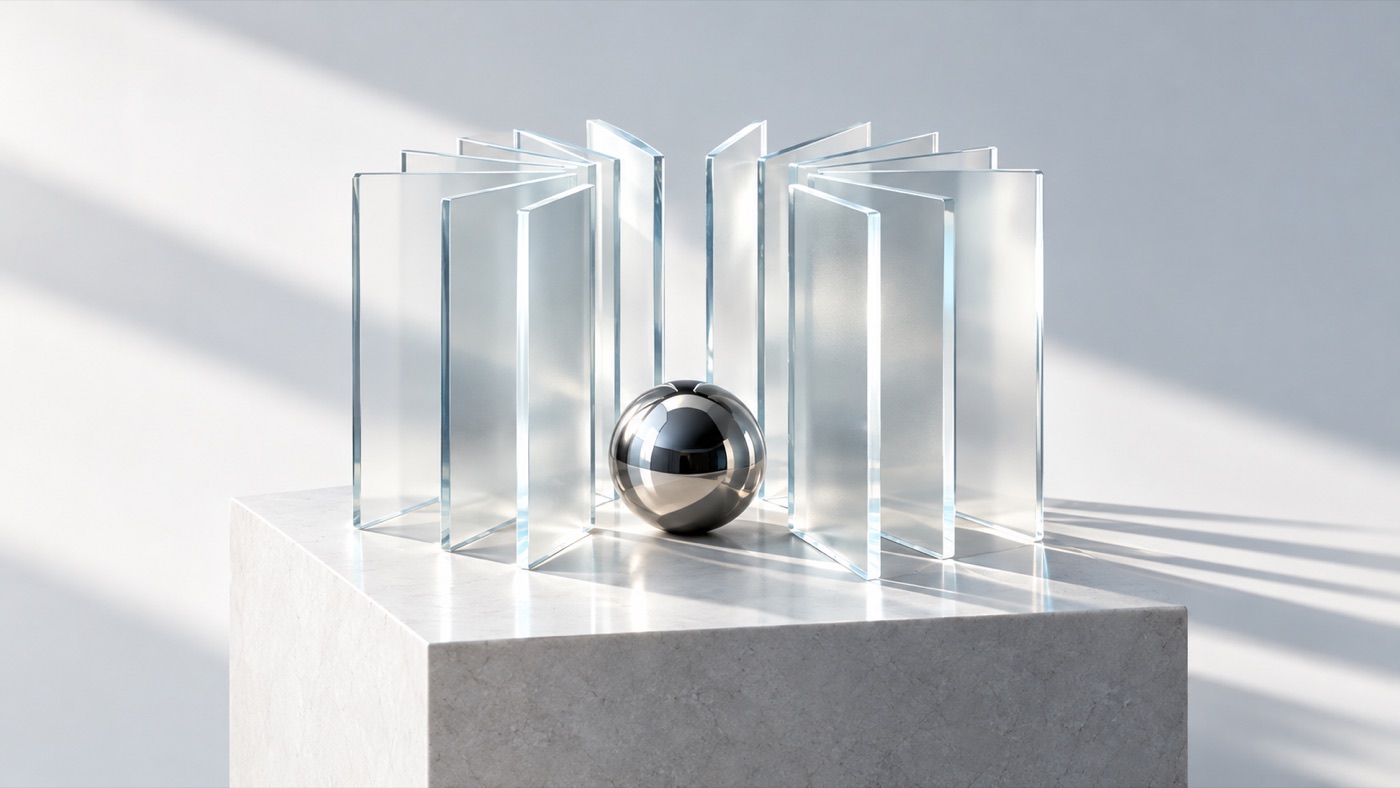 A chrome sphere resting on a stone pedestal, encircled by panes of frosted glass